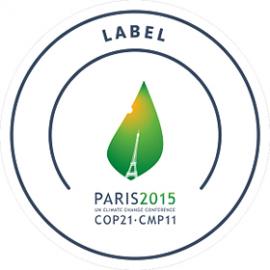 logo de la COP21. Tour Eiffel sur fond de feuille et soleil en coin supérieur